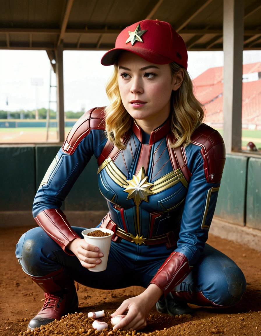 (Brea Larson, age 25, Captain Marvel, baseball cap, chewing tobacco) she is sitting in the baseball dug out spitting into a cup
