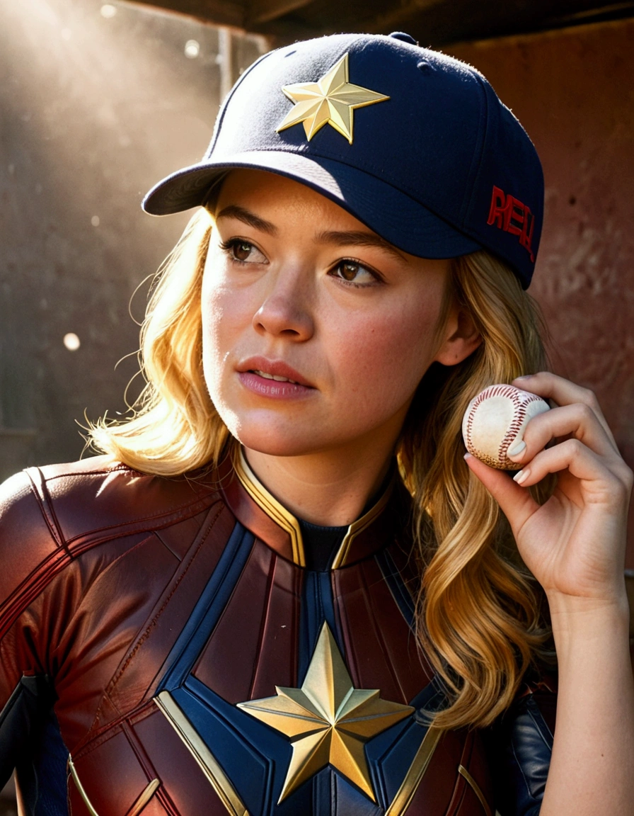(Brea Larson, age 25, Captain Marvel, baseball cap, chewing tobacco) she is sitting in the baseball dug out spitting into a cup