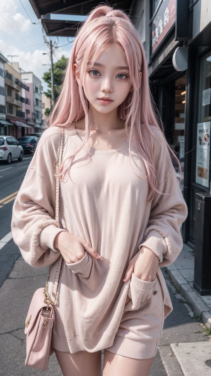 1 girl, 20 years old, light pink hair, brown eyes, korean, model appearance, looking at viewer, casual clothes
