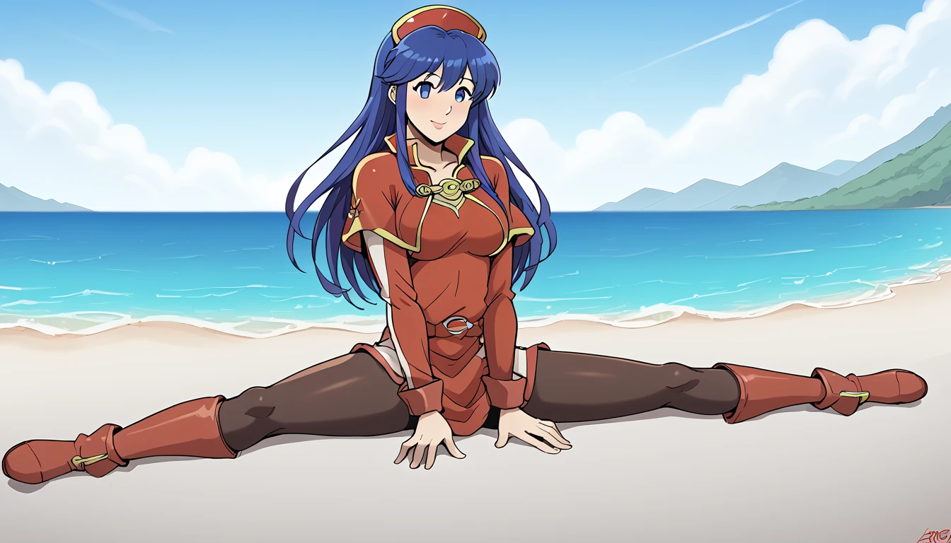 lilina \(fire emblem\), wizard, tracksuit, One girl, Sitting, On the floor, Split Horizon, stretch, horizontal splits, stretch regs, sea, hands on floor