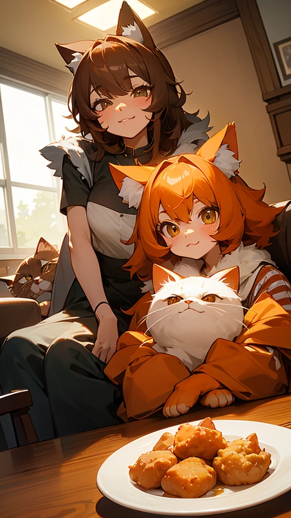 “Create an image of two adorable cats taking a selfie together. The first cat is orange with long fur, while the second cat is brown with stripes. Both cats are holding pieces of fried chicken with their paws, and there is a plate of fried chicken on the table in front of them. The setting is indoors, with a cozy and well-lit room in the background.”
