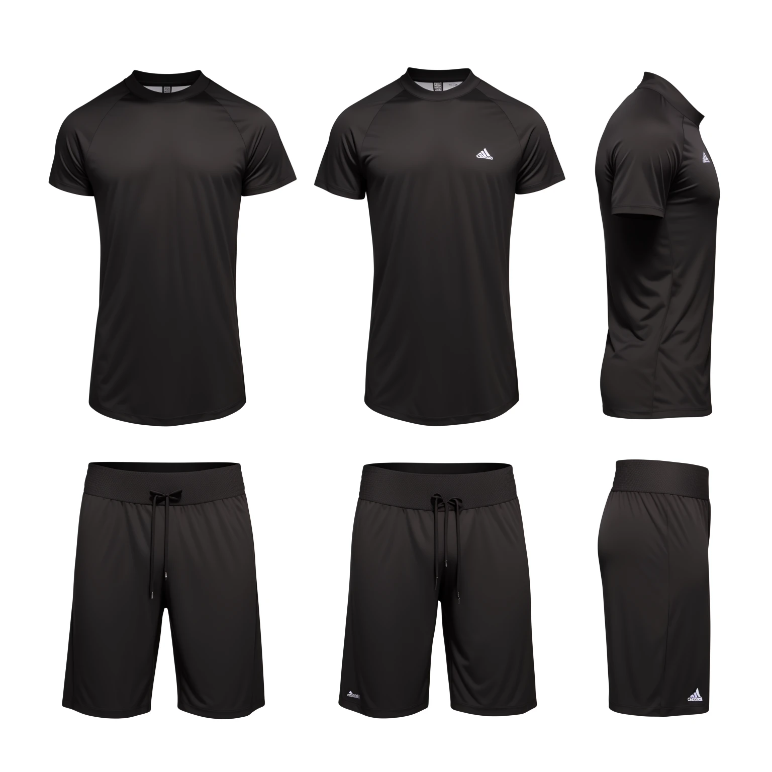 um conjunto de sports clothes masculinas negras em um fundo branco, black clothing, sports clothes, black leagwear, sports clothes, black jersey, casual black leagwear, wearing modern black clothes, wearing in black clothing, black leagwear, Wearing elegant black clothes, wearing shorts and t-shirt, wearing black clothing, realistic clothing, front back view and side view, professional sports style