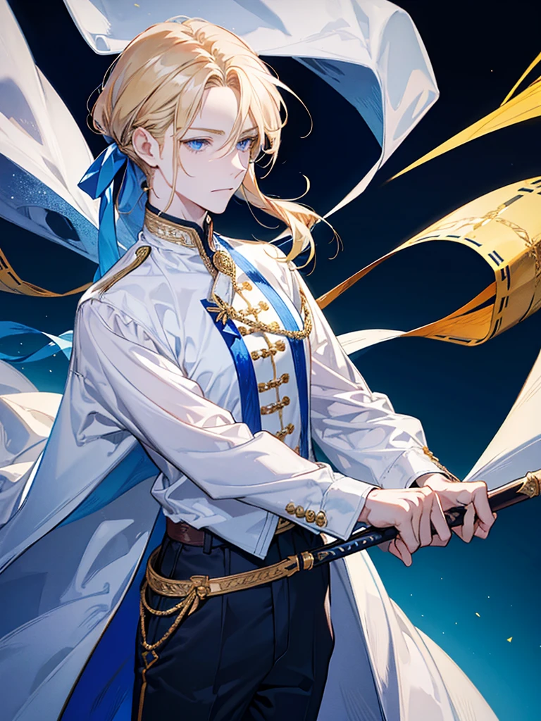 Young man, he has golden hair and low pony tail and blue eyes ,he wear a white shirt , he hold the sword, he smiled.