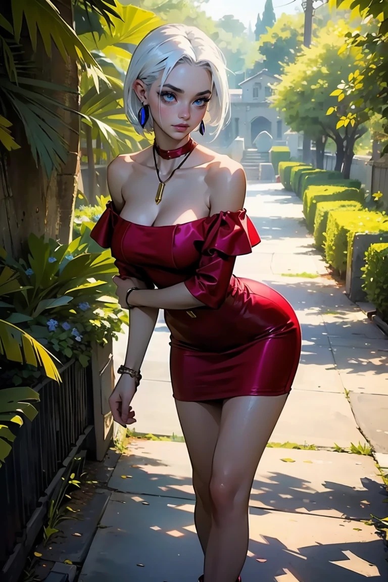 Goddess ((goddess-like woman)), slim elegant silhouette, masterpiece, (close angle), best quality, pale skin, fair skin, sweet face, (masterpiece:1,2, best quality), (real picture, intricate details), (1 lady , solo, medium tits, slim waistline, ), ((Jinx/LOL)),WHITE HAIR, a woman withe White short hair, White hair, aqua eyes, she has an impressive presence., short hair, bracelet, hoop earrings, jewelry, beautiful face, beautiful eyes, She is wearing a Red Off-Shoulder Dressr 3d0ffsh0uld3r and Thong High Heels/Platforms th0ngh33ls , (dress, cleavage, bare shoulders, off shoulder, red dress, off-shoulder dress) , the jewelry gives her overall appearance a touch of glamor. sweet smile, thigh gap, sweet irresistible smile, elegant pose, elegant hands, beautiful hands, perfect fingers, background: Park, a beautiful park, trees, walkway, flowers, bushes,