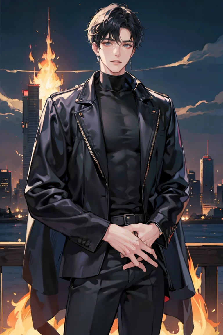 (masterpiece), best quality, seductive eyes, perfect face, handsome man, black eyes, short messy black hair, long nose, plain black turtleneck, black leather jacket, black fitted pants, full body, tall man, long legs, anime cover, 1boy, ear piercings, hands in pockets, adult-like look, bad boy, the background is a burning tower with his car