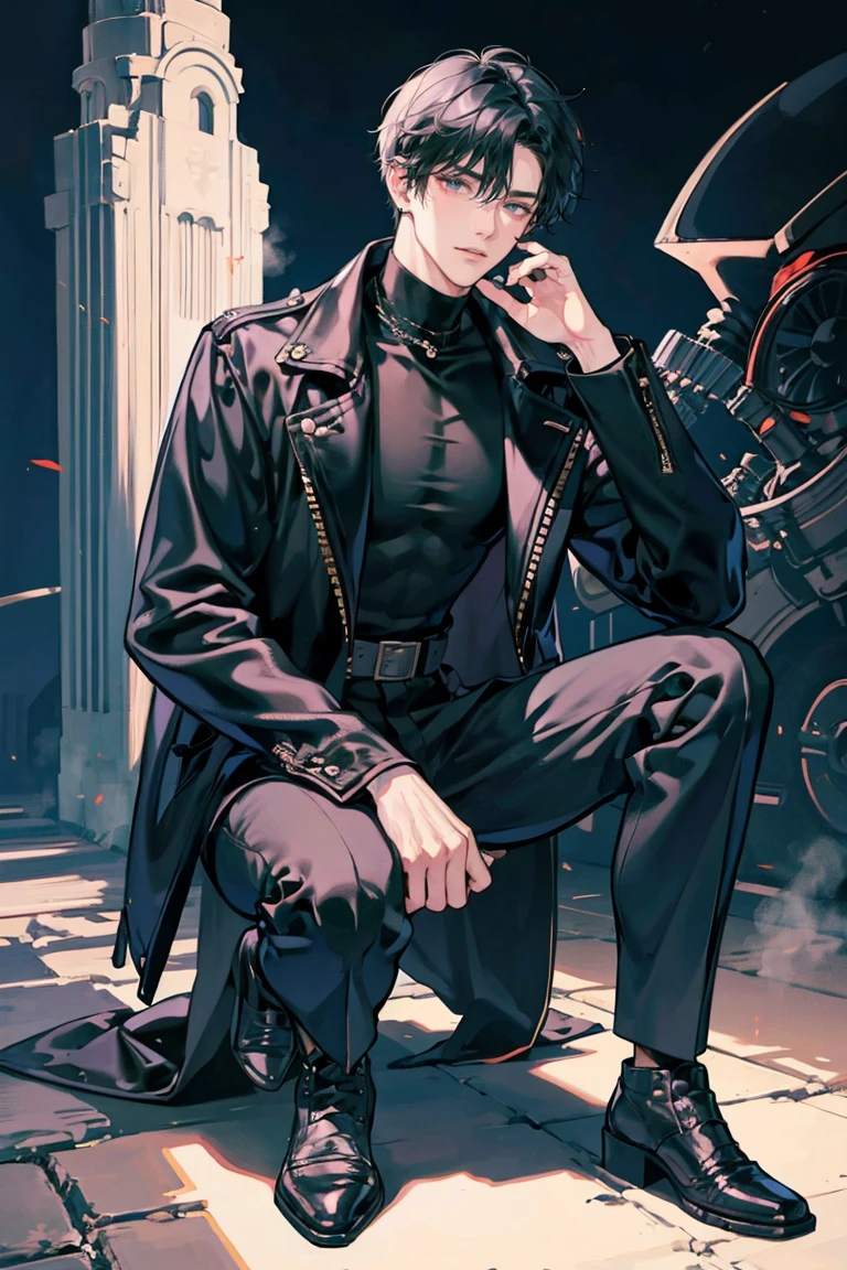 (masterpiece), best quality, seductive eyes, perfect face, handsome man, black eyes, short messy black hair, long nose, plain black turtleneck, black leather jacket, black fitted pants, full body, tall man, long legs, anime cover, 1boy, ear piercings, hands in pockets, adult-like look, bad boy, the background is a burning tower with his car
