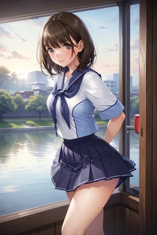 anegasaki nene、Shiny brown hair, short hair, (Beautiful brown eyes、Sparkling eyes, Fine grain)、smile、Super detailedな目、Very detailed顔, Very detailed目,Cowboy Shot、


(Highest quality, High resolution, Super detailed),(Improved image quality) 

(masterpiece, Highest quality, Very detailed), (Residence), One girl,  (slim:1.7), short hair, , (Big Breasts:1), Raised, Wet , Sweat,  Beautiful Face,  (Big eyes:1.5), cute,  fog,   (school uniform:0.6), (White poop:1.4), (Pleated skirt:1.4)  (From the side:1.5),  Japanese , js_Short skirt, (Micro Mini Skirt:1.5), at school, window, (whole body:1.5), White panties, Roll up your skirt, String, 