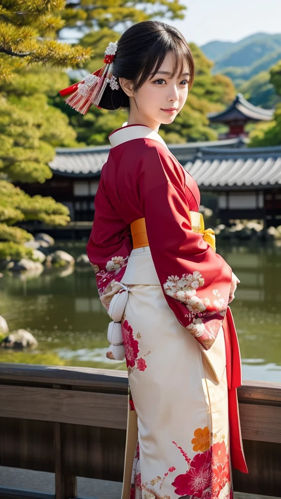 Generate an image of a maiko wearing a beautiful traditional kimono。She has a traditional Kyoto landscape in the background.。The maiko&#39;s hairstyle is set in a complex style along with the rice.、The face is made up in typical white paint。Her kimono features vibrant colors and intricate patterns.。Also、Holding a fan in his hand、Graceful posing。I would like the background to include cherry blossoms and old-fashioned buildings.。