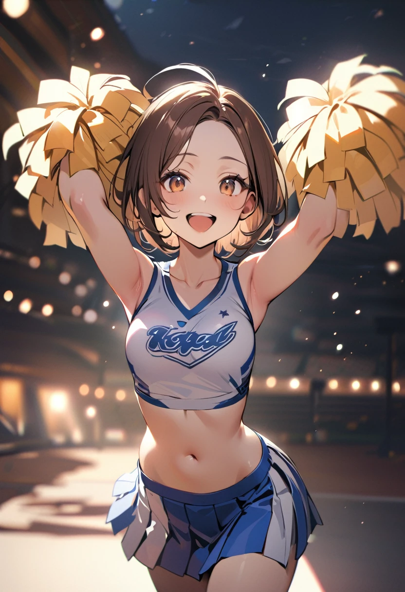 1 girl, bob, center part, forehead, brown hair, piercing, brown eyes, happy, open mouth,
BREAK (masterpiece), (high resolution 8K), cinematic lighting, professional lighting, detailed eyes and face, detailed body,
BREAK cheerleader, clothes writing, crop top, sleeveless shirt, midriff, miniskirt, pleated skirt, holding pom poms,