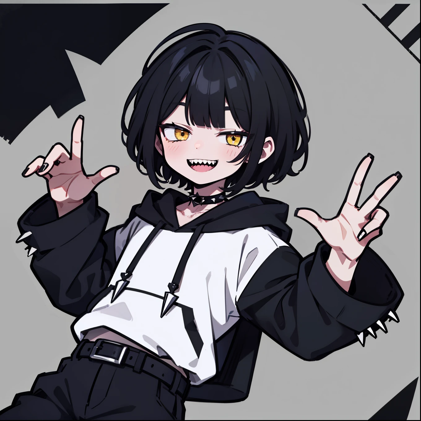 {{{{masterpiece}}}},{{Highest quality}},{{Official Art}},{{Highly detailed CG Unity 8k wallpaper}},{{{Art Book}}} (One boy) Black Hair, ((short hair)), ((Diagonal bangs)), Yellow Eyes, Jagged teeth, (((A nasty smile, Grin, Sharp teeth))), ((Black hoodie)), Black trousers, Spiked Choker, belt, Dark Theme, {{White skin}}, shape, Bright Eyes, alone
