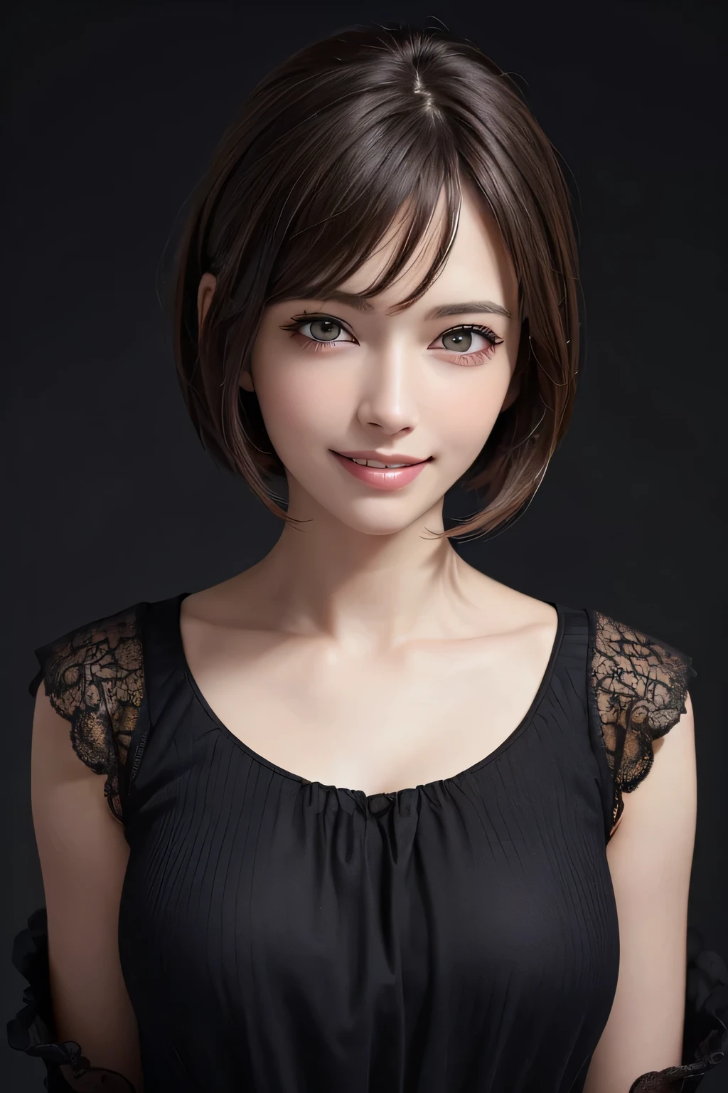 ((masterpiece)), ((Highest quality)), ((Complex)), ((Surreal)), (Realistic), (Mature Woman), ((There are no classes)), Very detailed, (1 female), Beautiful and exquisite, (Beautiful Teeth), Grin, Brunette Bob Hair, Brown eyes, ((blouse)), (Upper Body), (background:none), Perfect Eyes, Captivating eyes, Looking at the audience