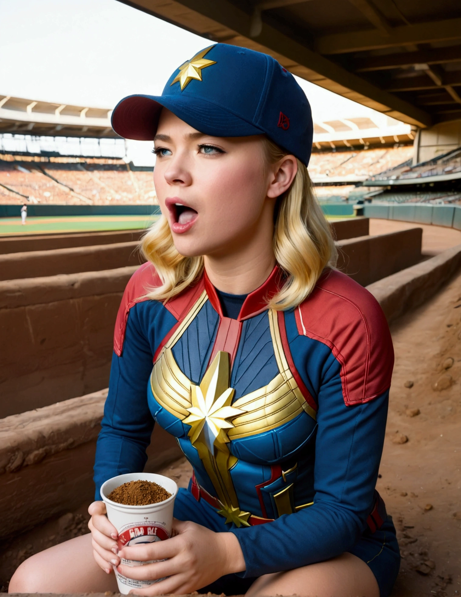 (Brea Larson, age 25, Captain Marvel, baseball cap, chewing tobacco) she is sitting in the baseball dug out spitting into a cup 