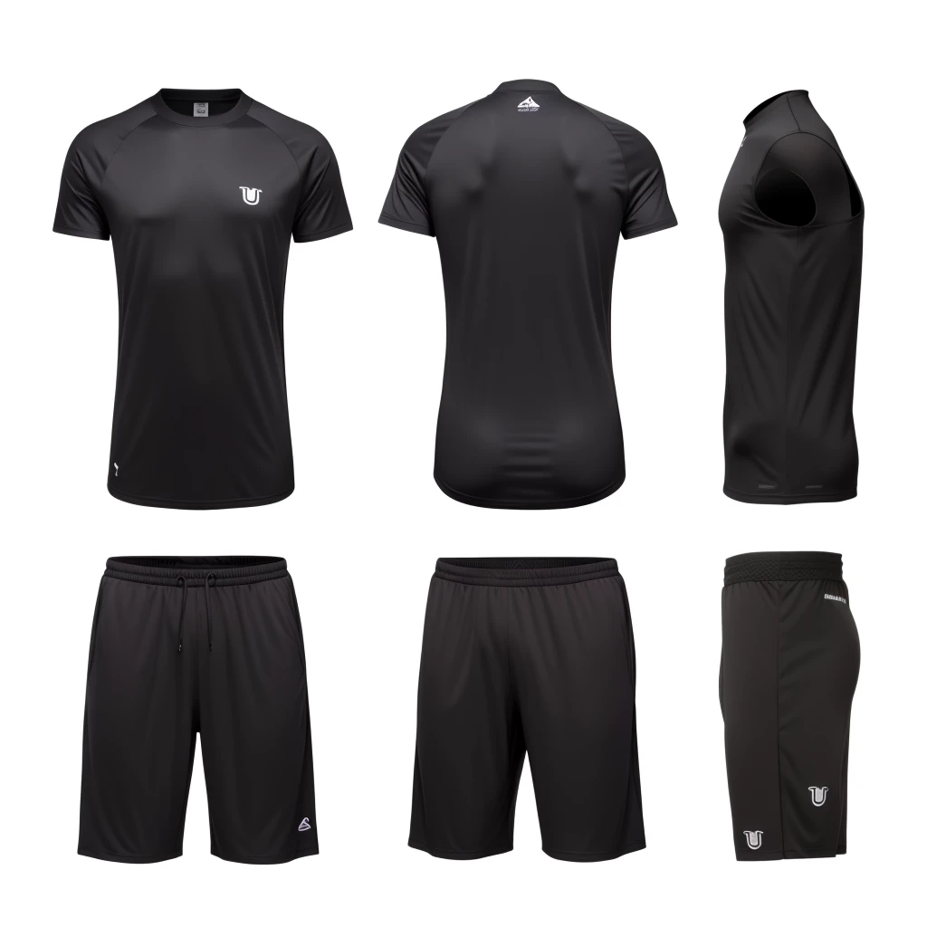 um conjunto de sports clothes masculinas negras em um fundo branco, black clothing, sports clothes, black leagwear, sports clothes, black jersey, casual black leagwear, wearing modern black clothes, wearing in black clothing, black leagwear, Wearing elegant black clothes, wearing shorts and t-shirt, wearing black clothing, realistic clothing, front back view and side view, professional sports style