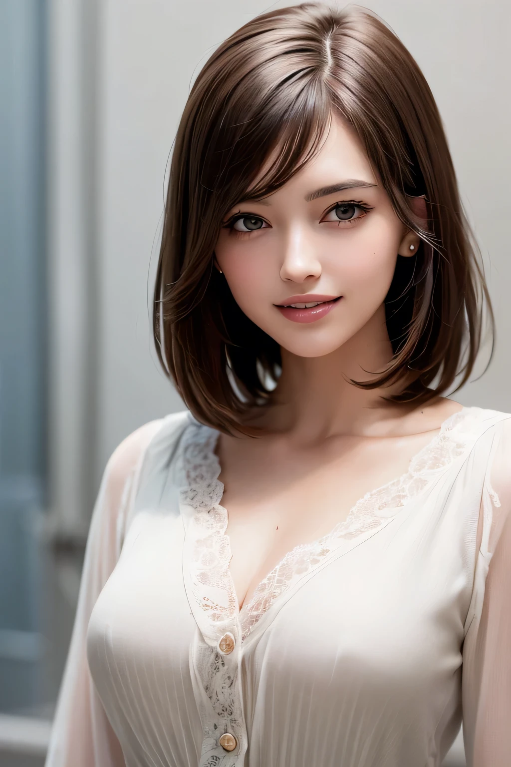 ((masterpiece)), ((Highest quality)), ((Complex)), ((Surreal)), (Realistic), (Mature Woman), ((There are no classes)), Very detailed, (1 female), Beautiful and exquisite, (Beautiful Teeth), Grin, Brunette Bob Hair, Brown eyes, ((blouse)), (Upper Body), (background:none), Perfect Eyes, Captivating eyes, Looking at the audience