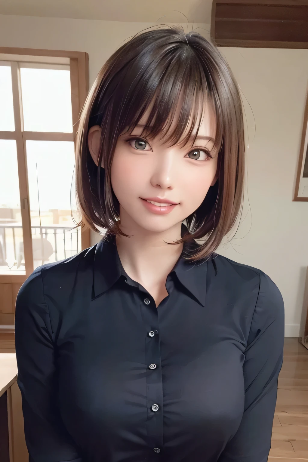 ((masterpiece)), ((Highest quality)), ((Complex)), ((Surreal)), (Realistic), (Mature Woman), ((There are no classes)), Very detailed, (1 female), Beautiful and exquisite, (Beautiful Teeth), Grin, Brunette Bob Hair, Brown eyes, ((blouse)), (Upper Body), (background:none), Perfect Eyes, Captivating eyes, Looking at the audience
