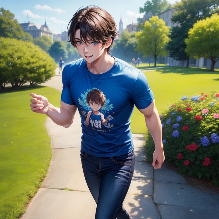 Masterpiece, best quality, high quality, One boy, solo, wears blue t-shirt with black sport jeans, has blue eyes, Beautiful eyes, has short Brown hair, walking, happy expression, sunny day, in the park, flowers in the grass