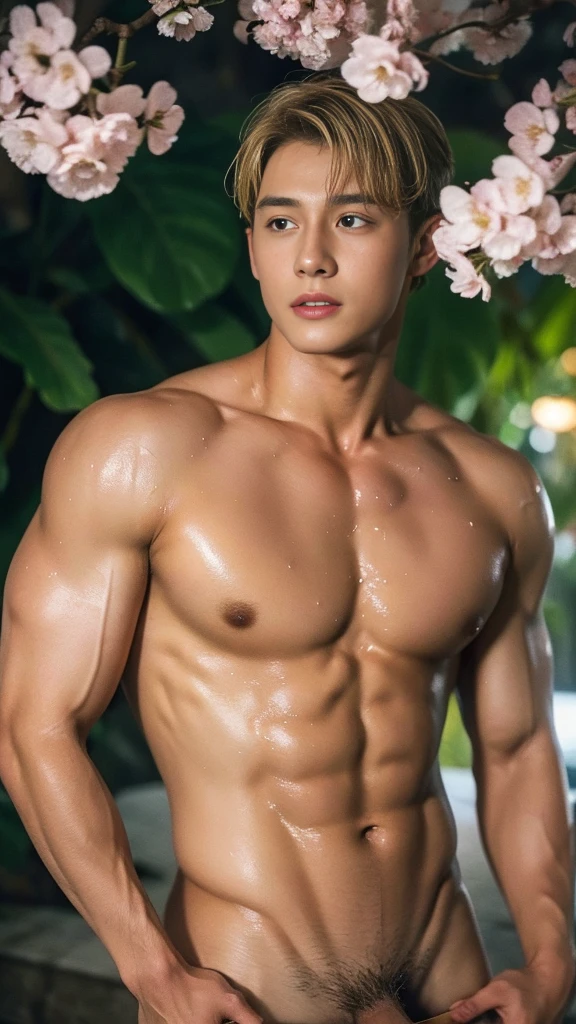 Photorealistic: 1.2, Top Quality, 8k, Wet: 1.3), (naked Man, hands on his chest), 20-year-old blonde  Ukrainian bodybuilder, handsome actor, cherry blossom patterned yukata, no underwear, (sweat: 1.2, wet: 1.2), fine skin, (film lighting, chest hair, arm hair), soft light, double eyelids, (seductive), (((excited)), long big dick, huge penis, big ass 