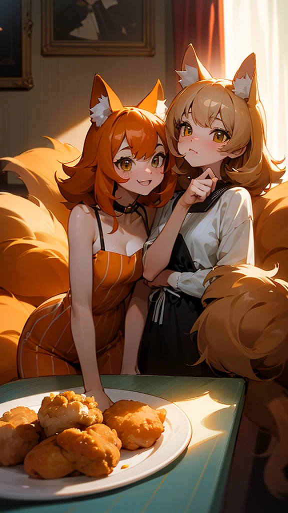 “Create an image of two adorable cats taking a selfie together. The first cat is orange with long fur, while the second cat is brown with stripes. Both cats are holding pieces of fried chicken with their paws, and there is a plate of fried chicken on the table in front of them. The setting is indoors, with a cozy and well-lit room in the background.”