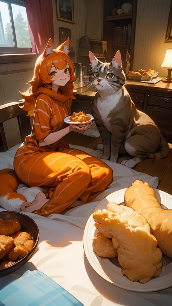 “Create an image of two adorable cats taking a selfie together. The first cat is orange with long fur, while the second cat is brown with stripes. Both cats are holding pieces of fried chicken with their paws, and there is a plate of fried chicken on the table in front of them. The setting is indoors, with a cozy and well-lit room in the background.”