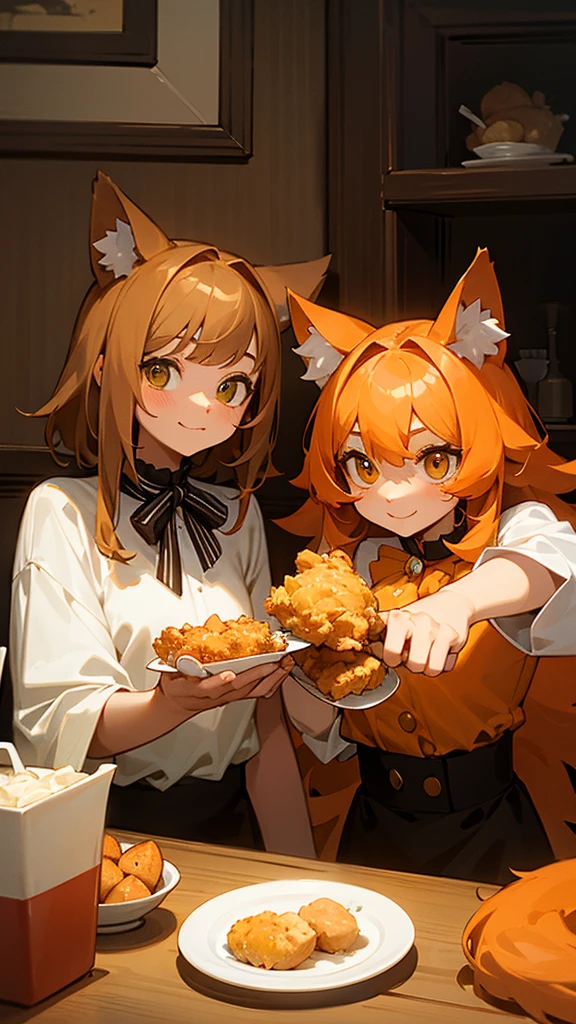 “Create an image of two adorable cats taking a selfie together. The first cat is orange with long fur, while the second cat is brown with stripes. Both cats are holding pieces of fried chicken with their paws, and there is a plate of fried chicken on the table in front of them. The setting is indoors, with a cozy and well-lit room in the background.”