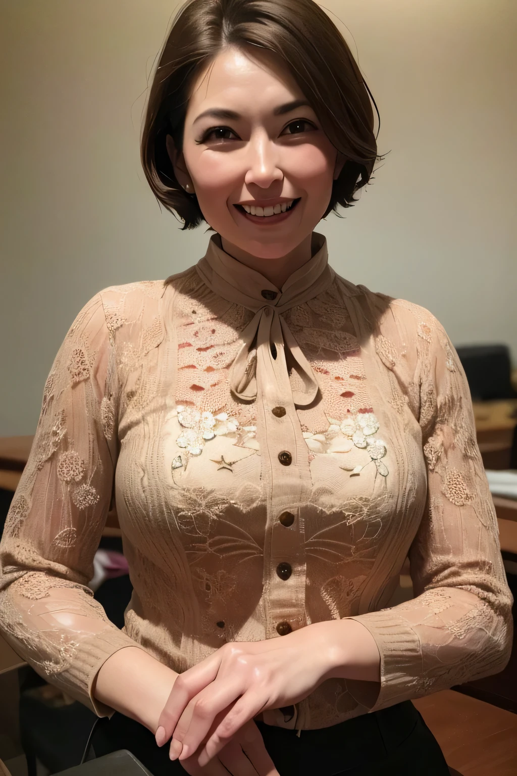 ((masterpiece)), ((Highest quality)), ((Complex)), ((Surreal)), (Realistic), (Mature Woman), ((There are no classes)), Very detailed, (1 female), Beautiful and exquisite, (Beautiful Teeth), Grin, Brunette Bob Hair, Brown eyes, ((blouse)), (Upper Body), (background:none), Perfect Eyes, Captivating eyes, Looking at the audience