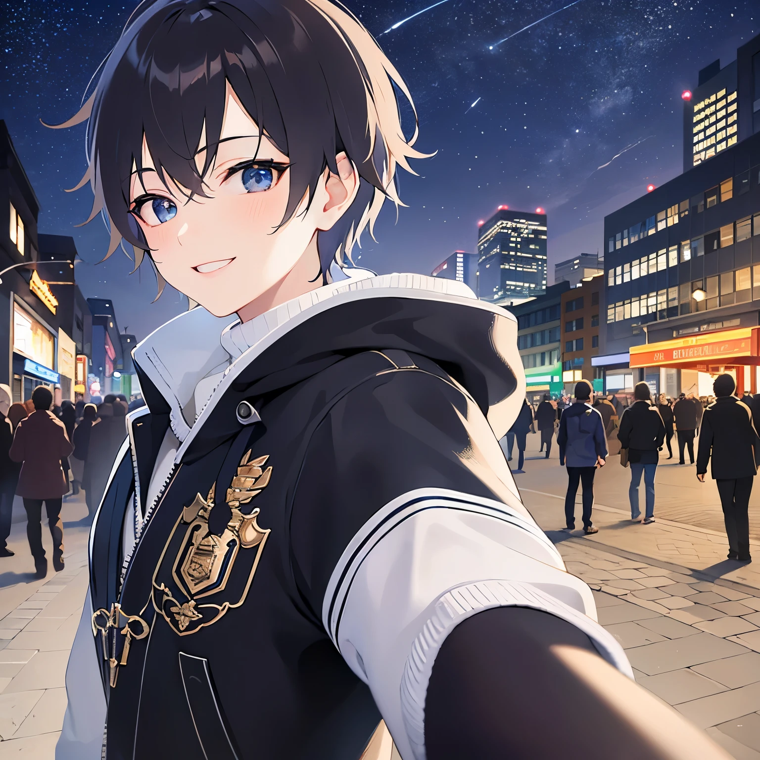 lookin at viewer,upper body,
shiny skin, masterpiece、Highest quality、(25-year-old male:1.5) and (Black short hair) and (blue eyes)、black hoodie,
(smile:1.5),Background is a park at night、Night Sky,Reaching for this