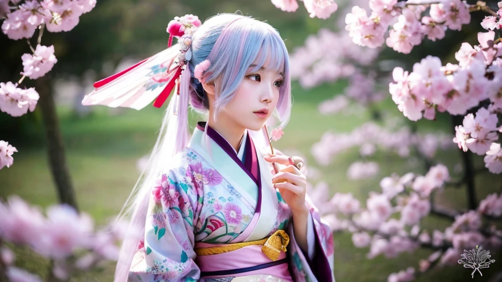 Surreal, Very detailed, High-resolution 16K images, A beautiful female ghost or guardian spirit. She has pale pink hair and clear skin., She is wearing a traditional Japanese kimono with a small cherry blossom pattern on the obi.。. This image captures the ethereal beauty and mystery of the spirit world.。. This style is delicate, The gentle aesthetics of traditional Japanese art.