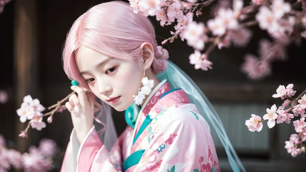 Surreal, Very detailed, High-resolution 16K images, A beautiful female ghost or guardian spirit. She has pale pink hair and clear skin., She is wearing a traditional Japanese kimono with a small cherry blossom pattern on the obi.。. This image captures the ethereal beauty and mystery of the spirit world.。. This style is delicate, The gentle aesthetics of traditional Japanese art.