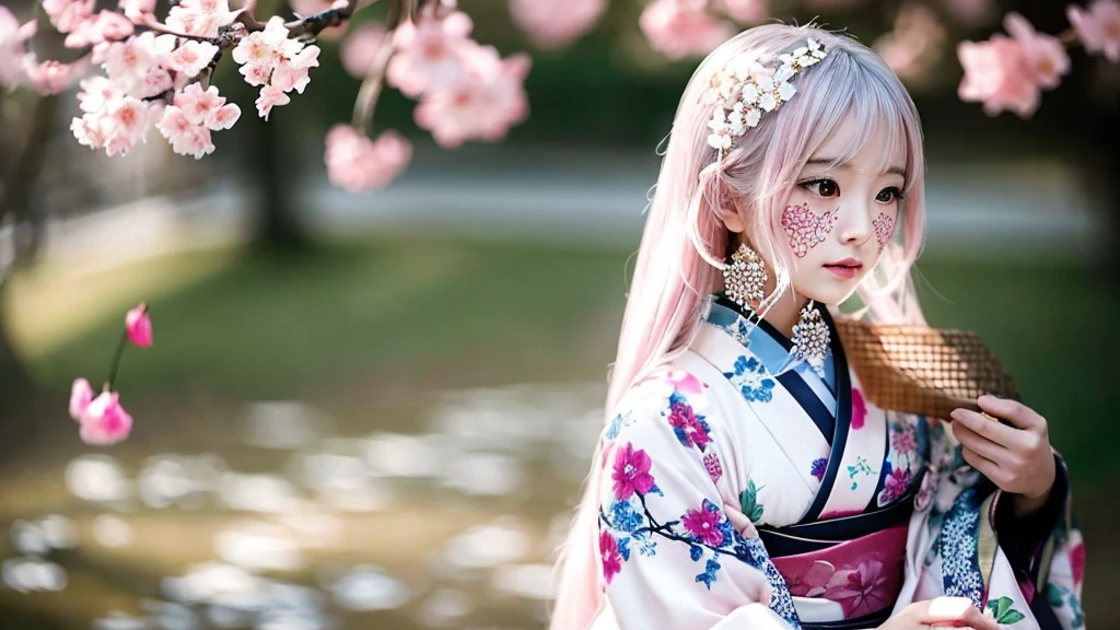 Surreal, Very detailed, High-resolution 16K images, A beautiful female ghost or guardian spirit. She has pale pink hair and clear skin., She is wearing a traditional Japanese kimono with a small cherry blossom pattern on the obi.。. This image captures the ethereal beauty and mystery of the spirit world.。. This style is delicate, The gentle aesthetics of traditional Japanese art.