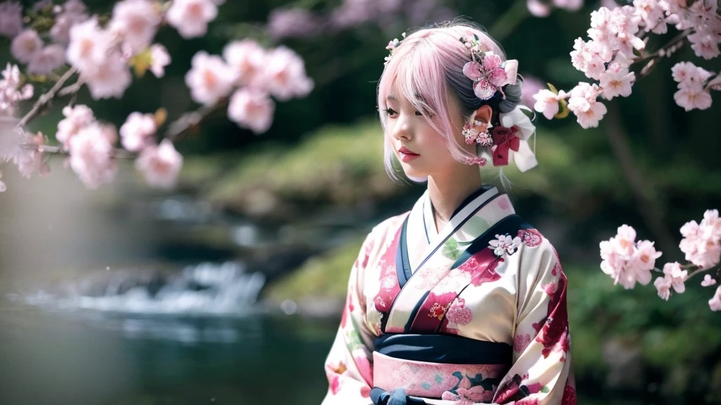 Surreal, Very detailed, High-resolution 16K images, A beautiful female ghost or guardian spirit. She has pale pink hair and clear skin., She is wearing a traditional Japanese kimono with a small cherry blossom pattern on the obi.。. This image captures the ethereal beauty and mystery of the spirit world.。. This style is delicate, The gentle aesthetics of traditional Japanese art.
