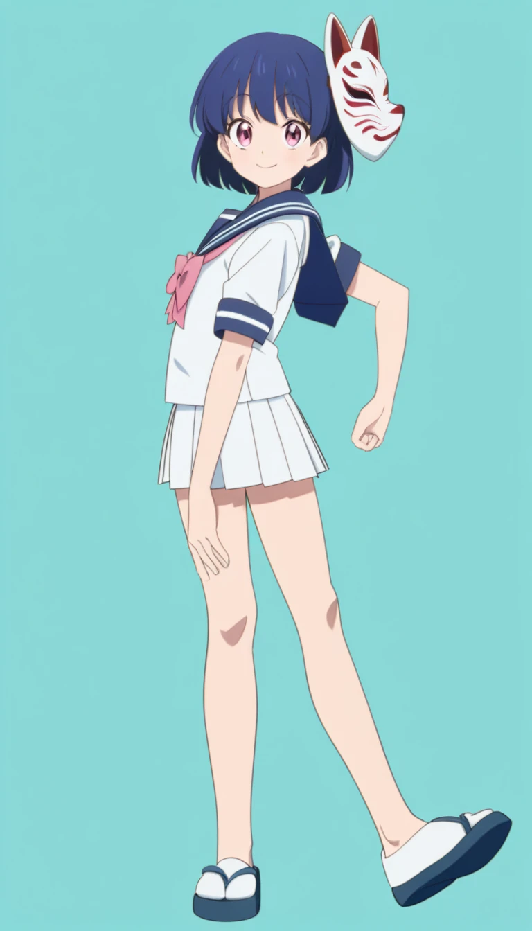 18-year-old, young girl, anime, short hair, Japanese fox mask, blue hair, full body, sailor suit, short pleated skirt, smiling, (simple background), (stand up straight), anatomically correct