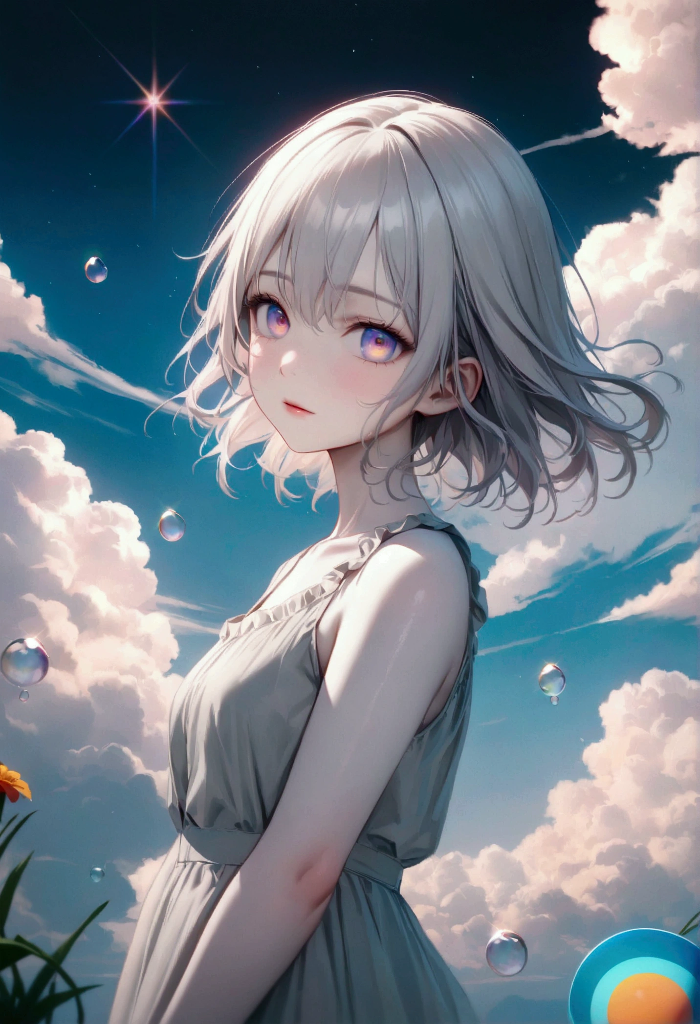 (female\(Student, age 15, JK, short floating silver hair, cosmic colored eyes, black , pale skin, tired face without shine in the eyes\) is looking at the sky), beautiful sky, beautiful clouds, colorful summer flowers bloom here and there, (Crystalline bubbles shine like prisms here and there in the sky), There is the noon moon and the noon stars in the sky, BREAK ,quality\(8k,extremely detailed CG unit wallpaper, masterpiece,high resolution,top-quality,top-quality real texture skin,hyperrealistic,increase resolution,RAW Photos,la mejor quality,Very detailed,The wallpaper,cinematic lighting,ray trace,golden ratio\),long shot
