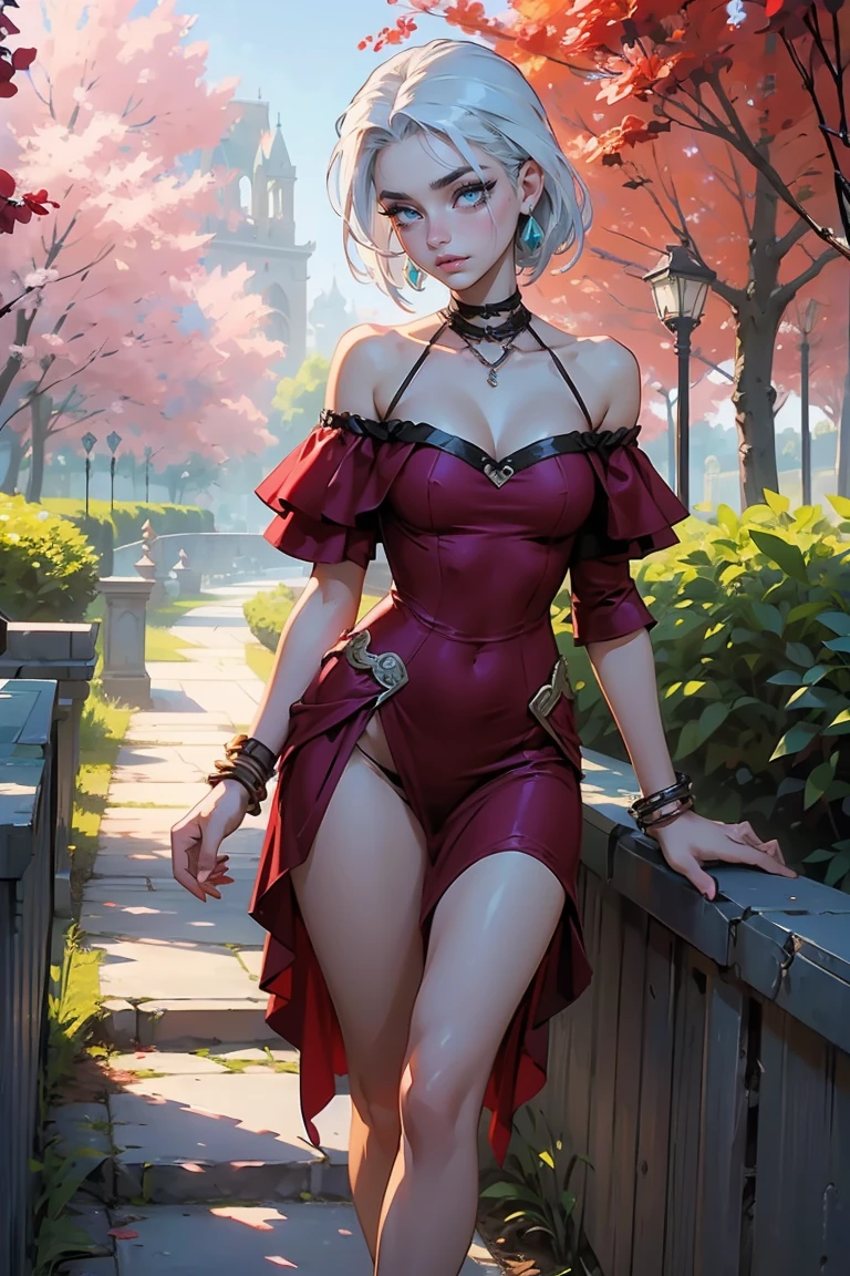 Goddess ((goddess-like woman)), slim elegant silhouette, masterpiece, (close angle), best quality, pale skin, fair skin, sweet face, (masterpiece:1,2, best quality), (real picture, intricate details), (1 lady , solo, medium tits, slim waistline, ), ((Jinx/LOL)),WHITE HAIR, a woman withe White short hair, White hair, aqua eyes, she has an impressive presence., short hair, bracelet, hoop earrings, jewelry, beautiful face, beautiful eyes, She is wearing a Red Off-Shoulder Dressr 3d0ffsh0uld3r and Thong High Heels/Platforms th0ngh33ls , (dress, cleavage, bare shoulders, off shoulder, red dress, off-shoulder dress) , the jewelry gives her overall appearance a touch of glamor. sweet smile, thigh gap, sweet irresistible smile, elegant pose, elegant hands, beautiful hands, perfect fingers, background: Park, a beautiful park, trees, walkway, flowers, bushes,