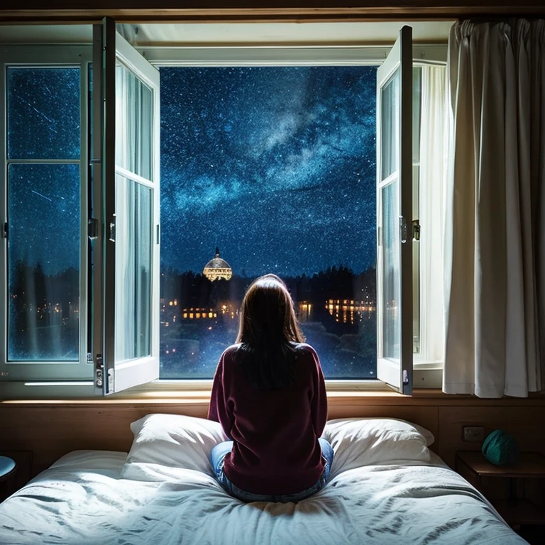 Looking at the starry sky outside the window from inside the room，girl，An illustration，highest quality，The windows are large，Bed in front of the window