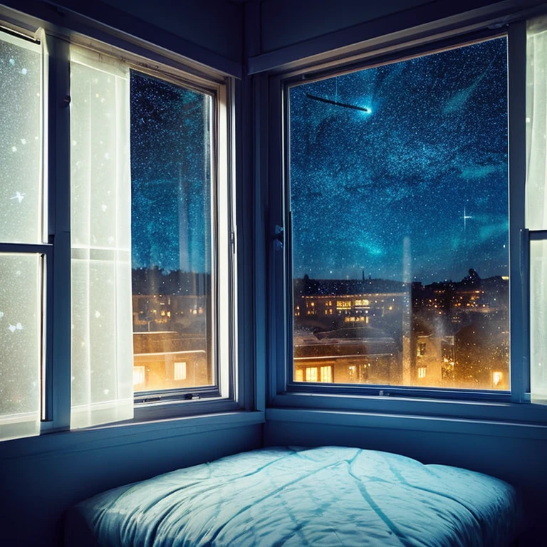 Looking at the starry sky outside the window from inside the room,girl,An illustration,highest quality,The windows are large,Bed in front of the window