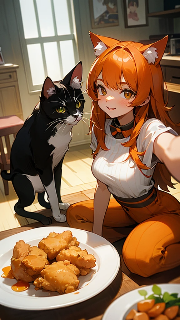 “Create an image of two adorable cats taking a selfie together. The first cat is orange with long fur, while the second cat is brown with stripes. Both cats are holding pieces of fried chicken with their paws, and there is a plate of fried chicken on the table in front of them. The setting is indoors, with a cozy and well-lit room in the background.”