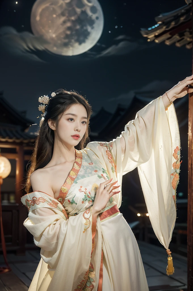 (((best quality))),(((ultra detailed))),(((masterpiece))),illustration,((1 beautiful girl,solo)),(shoulder-length straight hair:1.2),((bright eyes,gentle smile)),((slim,thin)),((small breasts,flat chest)),(white see through sheer Hanfu with intricate embroidery:1.3),flowing fabric,slender physique,serene demeanor,lush greenery,vibrant plants and trees,(Chinese-style architecture:1.3),tile roofs,intricate wooden carvings,rich and vivid colors,(serene glow of the moon:1.5),(((playful clouds,dancing clouds))),traditional Chinese garment,(((summer night,village courtyard))),((from front,upper body))