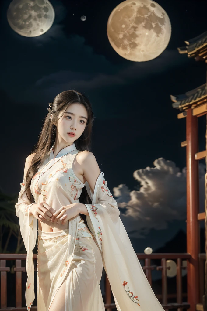 (((best quality))),(((ultra detailed))),(((masterpiece))),illustration,((1 beautiful girl,solo)),(shoulder-length straight hair:1.2),((bright eyes,gentle smile)),((slim,thin)),((small breasts,flat chest)),(white see through sheer Hanfu with intricate embroidery:1.3),flowing fabric,slender physique,serene demeanor,lush greenery,vibrant plants and trees,(Chinese-style architecture:1.3),tile roofs,intricate wooden carvings,rich and vivid colors,(serene glow of the moon:1.5),(((playful clouds,dancing clouds))),traditional Chinese garment,(((summer night,village courtyard))),((from front,upper body))