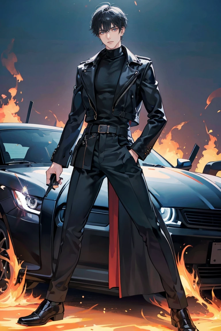 (masterpiece), best quality, seductive eyes, perfect face, handsome man, black eyes, short messy black hair, long nose, plain black turtleneck, black leather jacket, black fitted pants, full body, tall man, long legs, anime cover, 1boy, ear piercings, hands in pockets, adult-like look, bad boy, the background is a burning tower with his car

