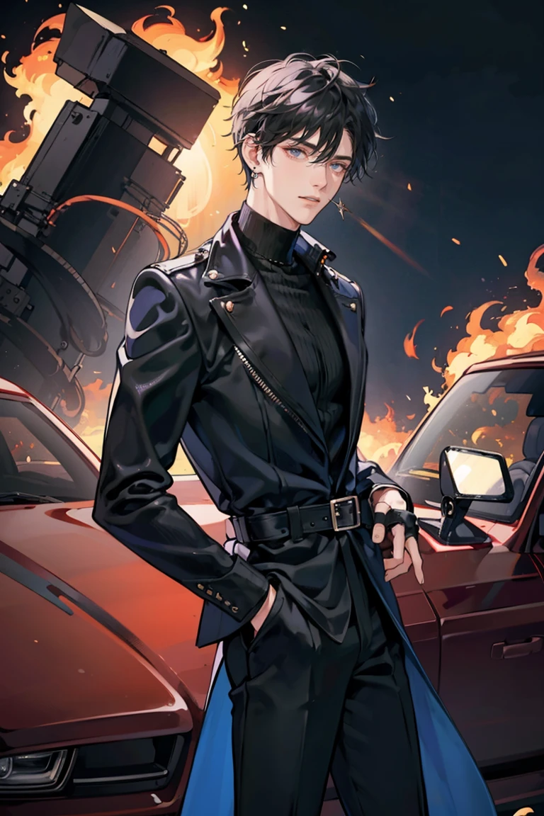 (masterpiece), best quality, seductive eyes, perfect face, handsome man, black eyes, short messy black hair, long nose, plain black turtleneck, black leather jacket, black fitted pants, full body, tall man, long legs, anime cover, 1boy, ear piercings, hands in pockets, adult-like look, bad boy, the background is a burning tower with his car