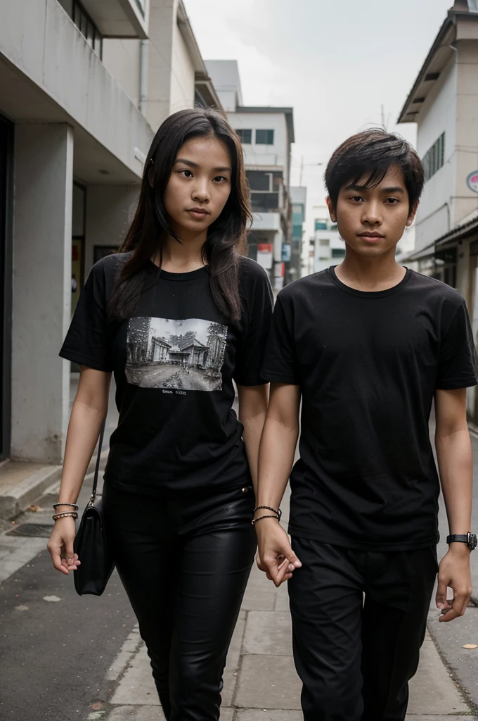 Thai couple, a -yeld Thboy and a 12-year-o Thirl, the same height, thin and slender, walking hand in hand and wearing a black t-shirt and black pants. And they wear a black bracelet on both arms. Emphasize that they wear a black t-shirt.