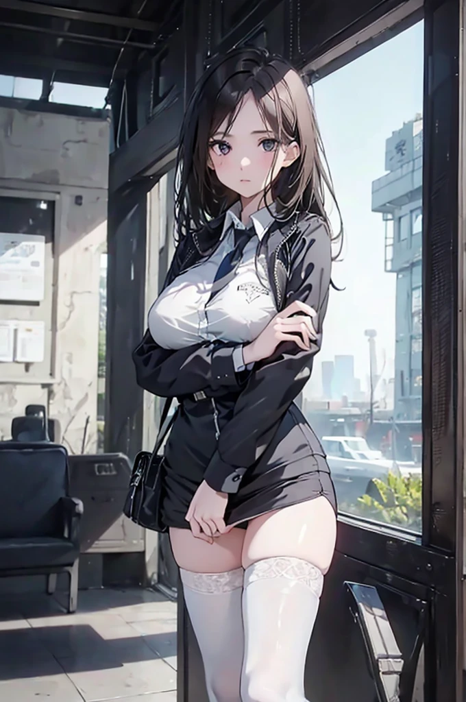 1 Girl:1.3), Solitary, __body parts__ Delicate and realistic skin, Pale skin, Large target, Official Art, Unity 16K Wallpaper, Ultra Detailed, beauty, masterpiece, best quality, Awesome atmosphere, Calming color palette, A calm mood, Soft shadows, Airline stewardess, charm，Large Breasts，Black tights，Police Uniform