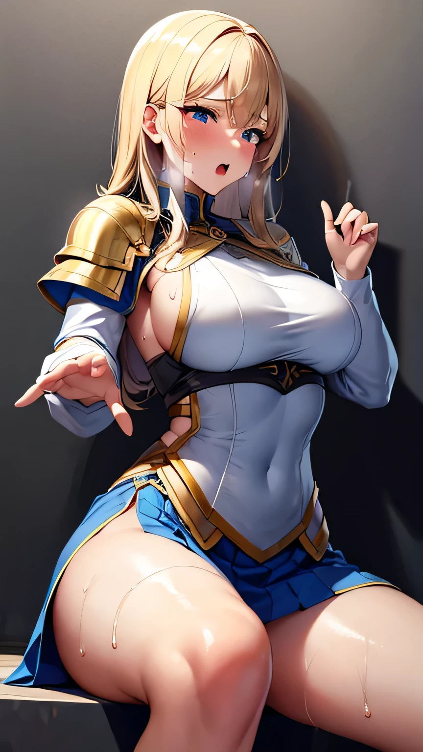 Highest quality, Soft Light, Ultra-high resolution,People Girls, alone, y, (Ecstatic face), (Blue eyes), Beautiful face in every detail,(High resolution detail of human skin texture), (Golden medium hair), break,Medieval Armor,(Felstures:1.2), (Open your mouth:1.2),tongue,(Sweat:1.5),Sigh,skirt,Crossing your legs,Saliva dripping from the mouth,Spread your legs,My leg is being grabbed