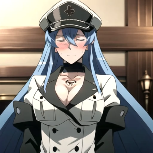 Esdeath, closed eyes, blush, sweat, breasts, large breasts, hat, cleavage, weapon, choker, sword, hair between eyes, uniform, military, military uniform, tattoo, peaked cap, chest_tattoo