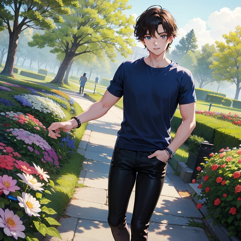 Masterpiece, best quality, high quality, One boy, solo, hansome, wears blue t-shirt with black sport jeans, has blue eyes, Beautiful eyes, has short Brown hair, walking, happy expression, sunny day, in the park, flowers in the grass