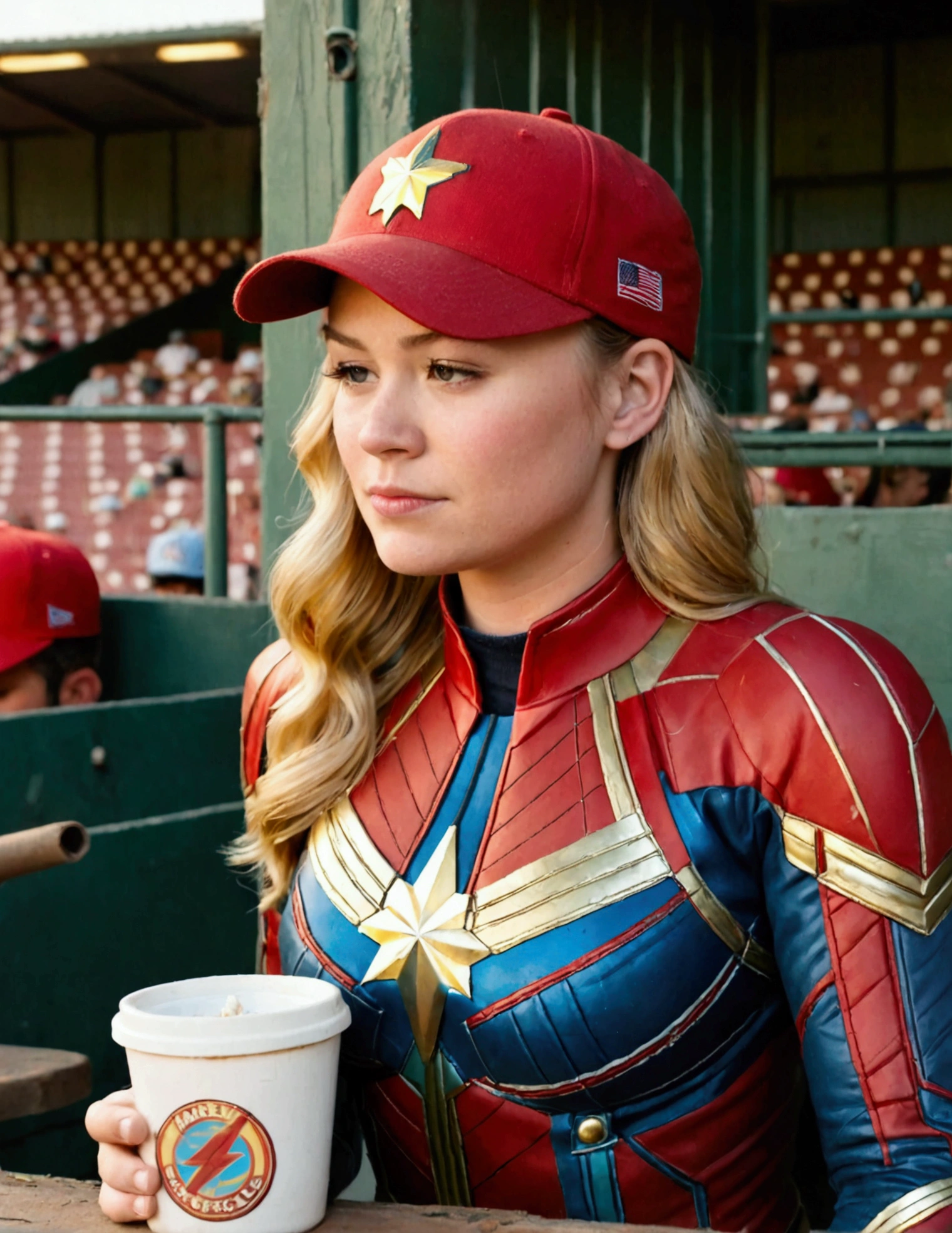 (Brea Larson, age 25, Captain Marvel, baseball cap, chewing tobacco) she is sitting in the baseball dug out spitting into a cup