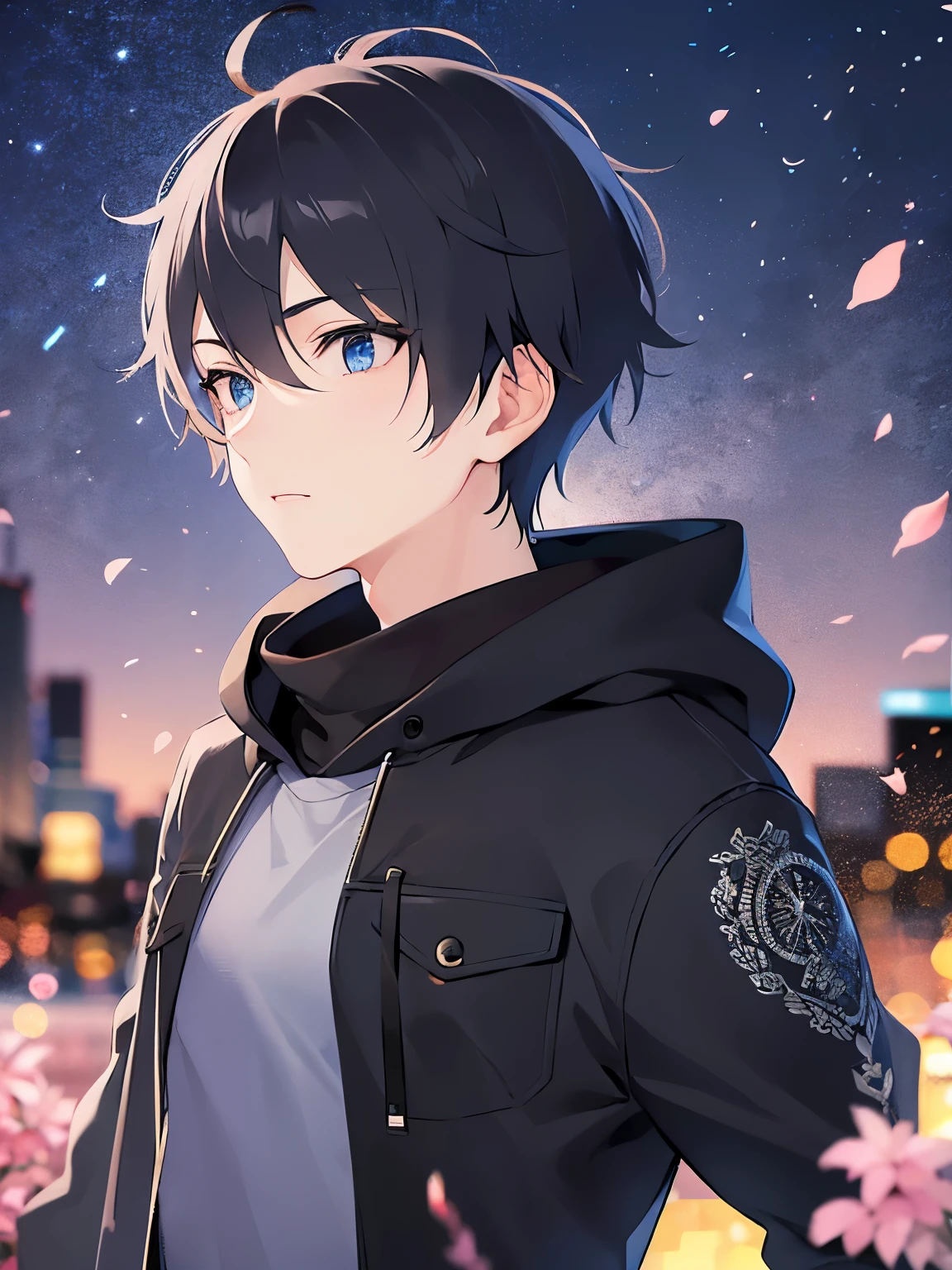 （running:1.2）(25-year-old male:1.5) and (Black short hair) and (blue eyes)、(looking away:1.5),upper body、Side shot、
shiny skin, masterpiece、Highest quality、
black hoodie ,running、
Night Park、（grass：1.5）、illumination、（Night Sky：1.5）