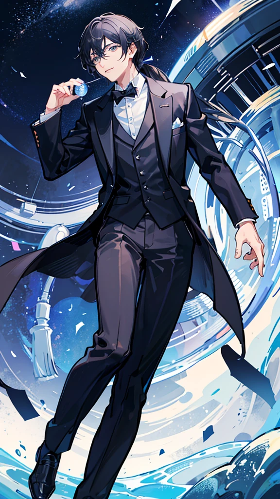 A man around 33 years old、A man with waist-length black hair tied back、Wearing a black suit、Eye color is a calm blue、The background is a planetarium、Starry sky seen from the ground