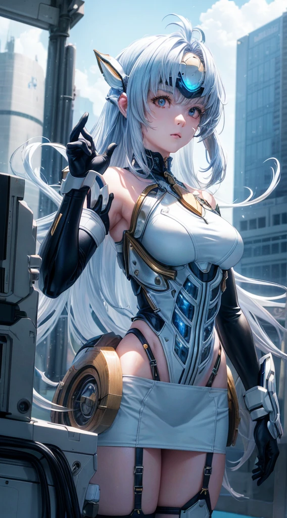 top-quality、​masterpiece、超A high resolution、(Photorealsitic:1.4)、女の子1人、Light blue hair、Straight hair, shiny and clean hair、White shiny skin、Sexy Cyberpunk Girl、((super realistic details))、Shadow、octan render、ultrasharp、hyperdetailed face、Fiberglass、Luminous tube、highly intricate detail、Realistic light、CGSoation Trends、((Golden Eyes))、(Facing the camera)、neon detailechanical limbechanical vertebrae attached to the back、mechanical cervical attaching to neck、Wires and cables connecting to the head、((valkyrie))、((Beam Cannon))、Combat stance