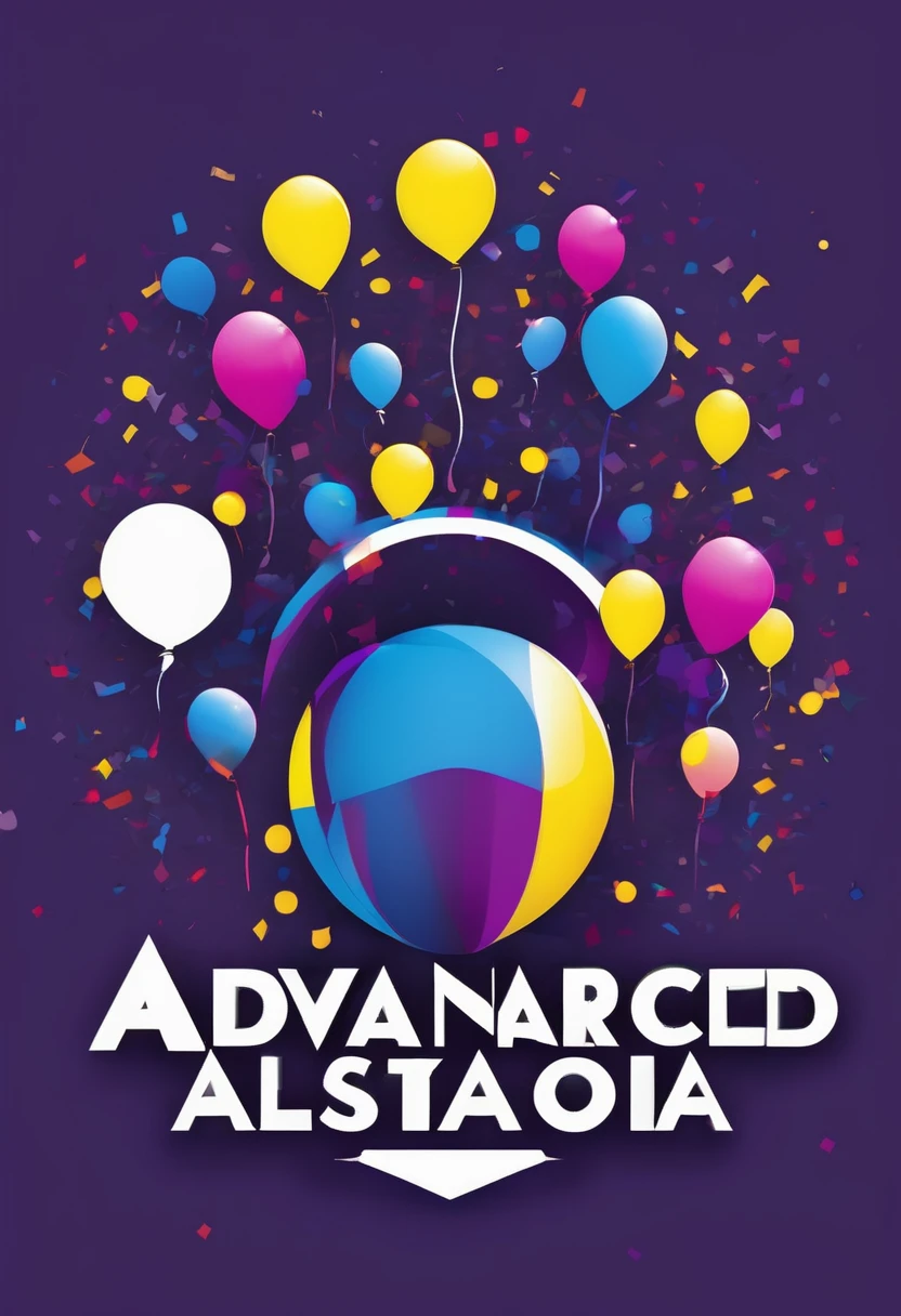 Design a logo featuring the name "Advanced Party Association" in a modern, sleek font. The design should incorporate vibrant colors such as electric blue, bright yellow, and vivid purple to convey energy and excitement. Include elements like confetti, balloons, and subtle starbursts to evoke a festive atmosphere. The logo should have a dynamic, celebratory feel, with clean lines and a contemporary style. Consider a circular or emblem shape to give it a cohesive, professional look.